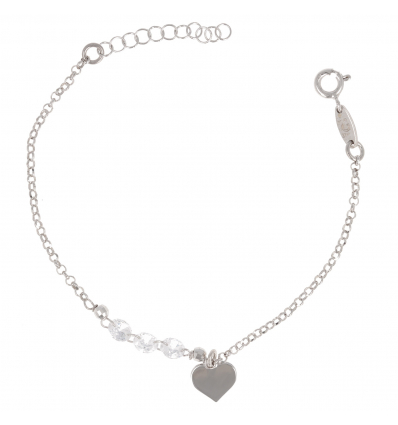 Bracelet Argent rhodié avec coeur et trois pierre de cubic zirconia 15cm+3cm
