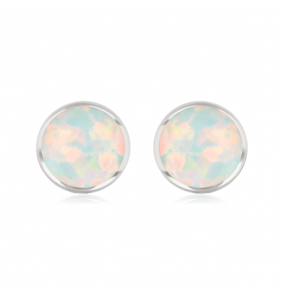 Boucles d'oreille argent rhodié opale blanche forme ronde 7mm