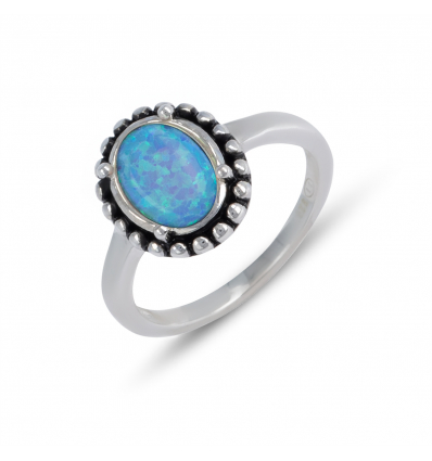 Bague argent rhodié opale bleue imitation forme ovale