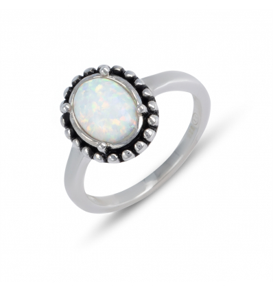 Bague argent rhodié opale blanche imitation forme ovale